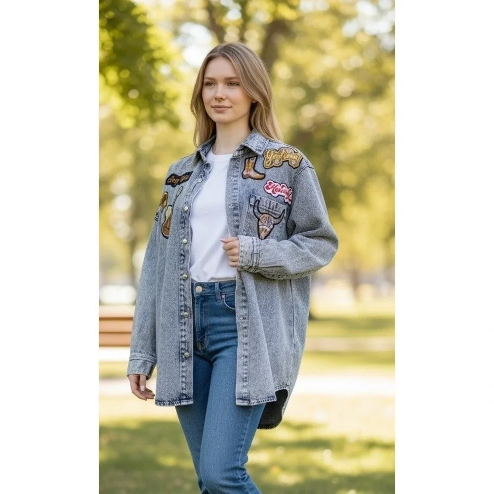 Blue‎ B Womens Acid Wash Denim Western Patch Oversized Shacket Light Blue S